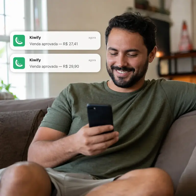 Homem comemorando com o celular na mão e notificações de vendas aprovadas de R$ 27,41, R$ 29,90 e R$ 19,90.