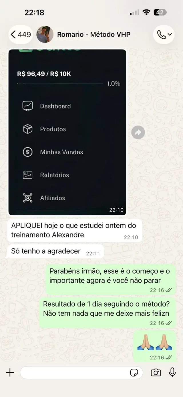 Aluno mostrando as primeiras vendas no painel após aplicar o treinamento do Método VHP em um dia.