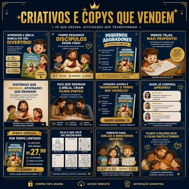 Criativos e cópias infantis para anúncios, foco em fé e desenvolvimento espiritual.