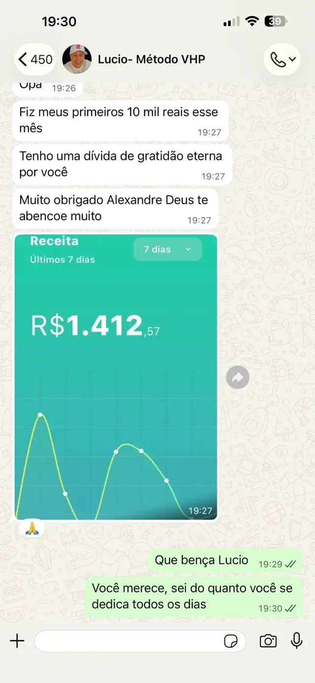 Aluno relatando seus primeiros R$ 10 mil no mês, com gráfico de receita de R$ 1.412,57 em 7 dias.