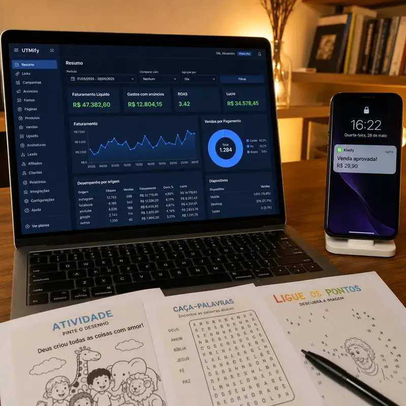 Notebook com painel real de vendas mostrando R$ 47.382,60 de faturamento e celular com notificação de venda aprovada.