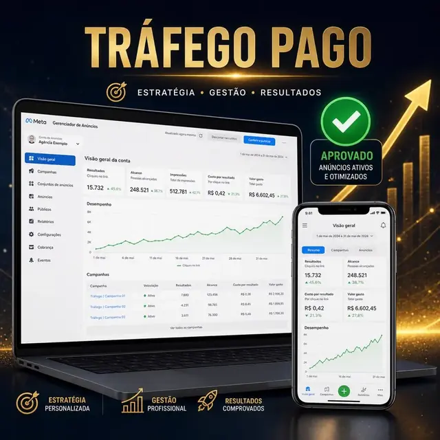 Anúncios de campanha no computador e celular com destaque para aprovação.